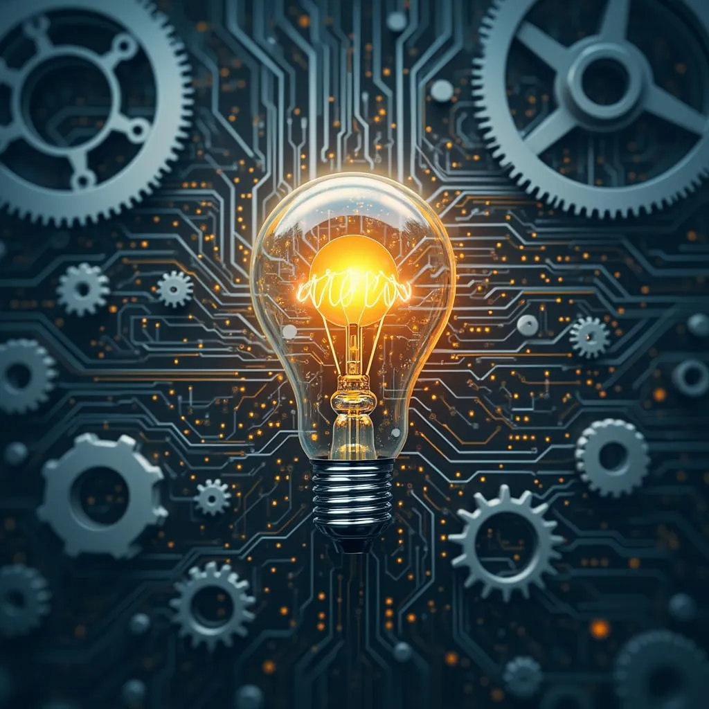 Concepto de innovación con bombilla y engranajes